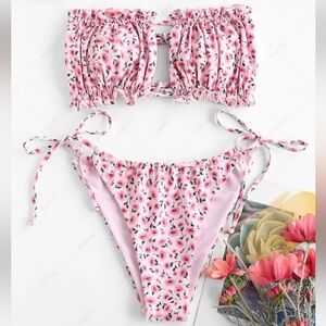 NWT Ditsy Print Tie Side Ruched Bikini Swimsuit Set- Light Pink